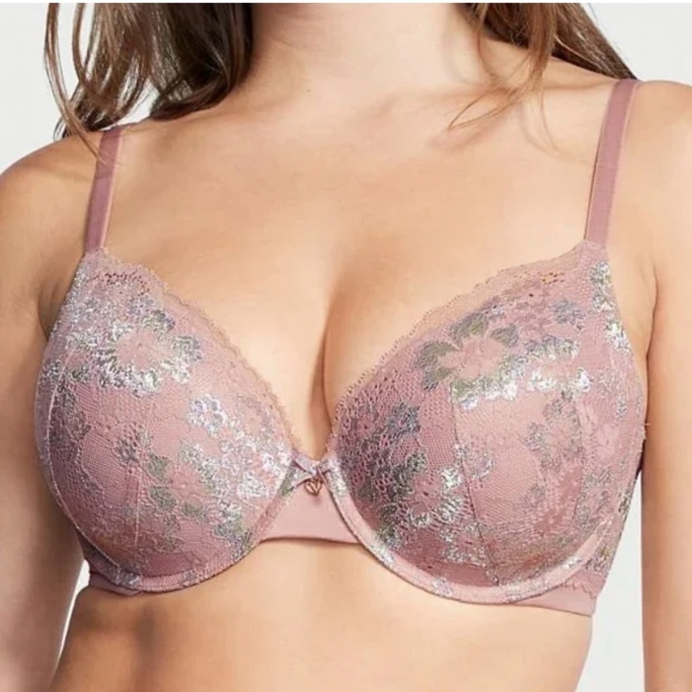 Victoria’s Secret • Lightly Lined Demi Bra • Metallic Floral Lace • 34D